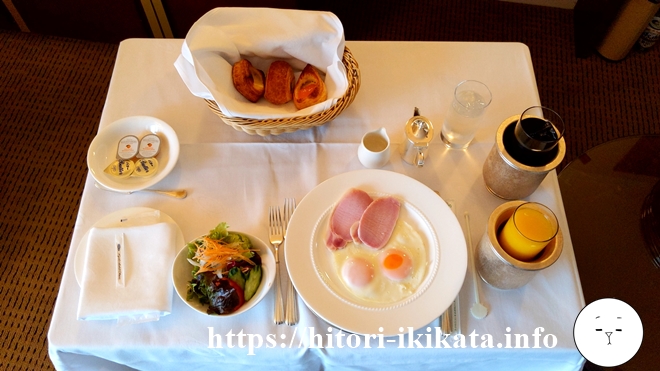 ホテルオークラ京都のアメリカンブレックファーストの卵とハム